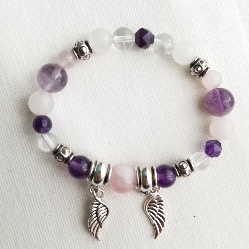 Handcrafted Amethyst & Quartz Bracelet with Angel Wings